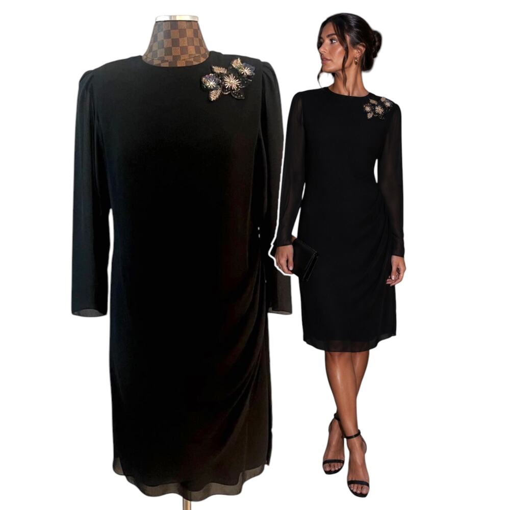 Ursula of Switzerland Black Shift Dress Sz 12 Sequin Flower Sheer Sleeve Formal